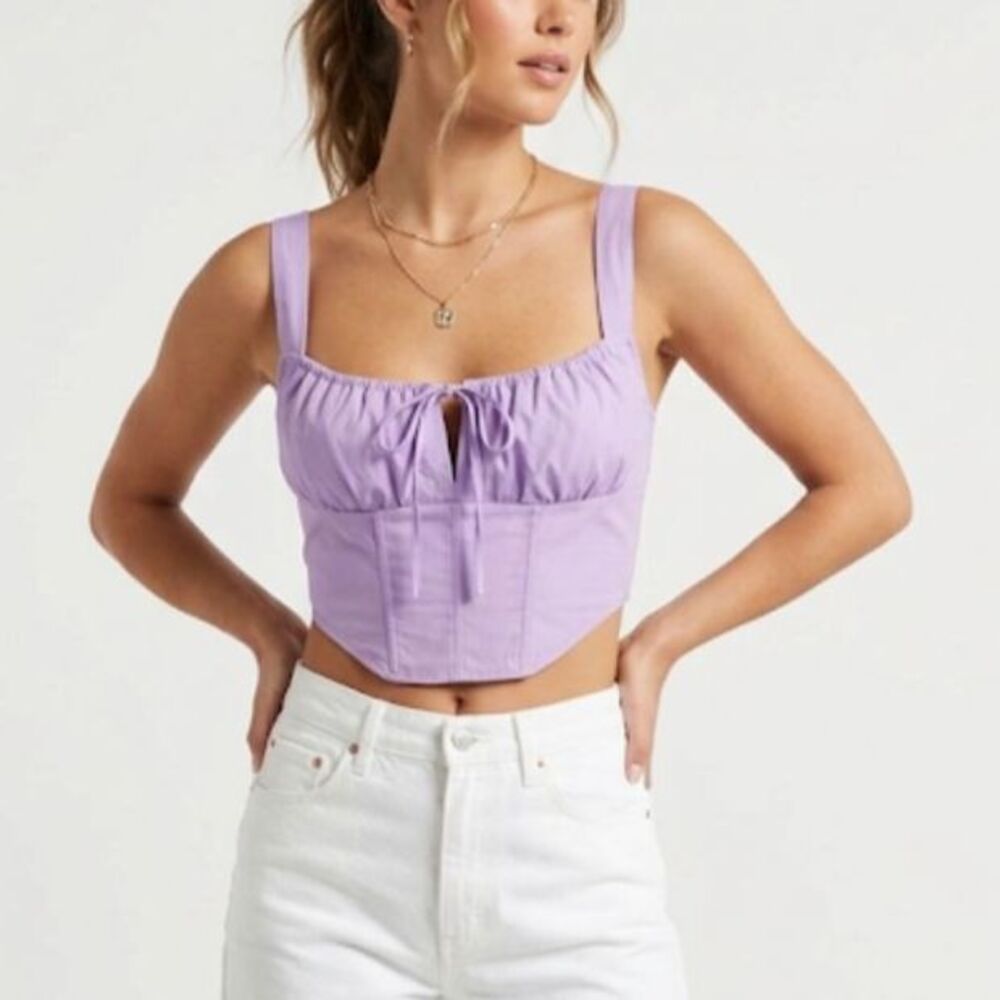 Miss Selfie Women's Lilac Purple Tie-Front Sleeveless Corset Smocked Crop Top M